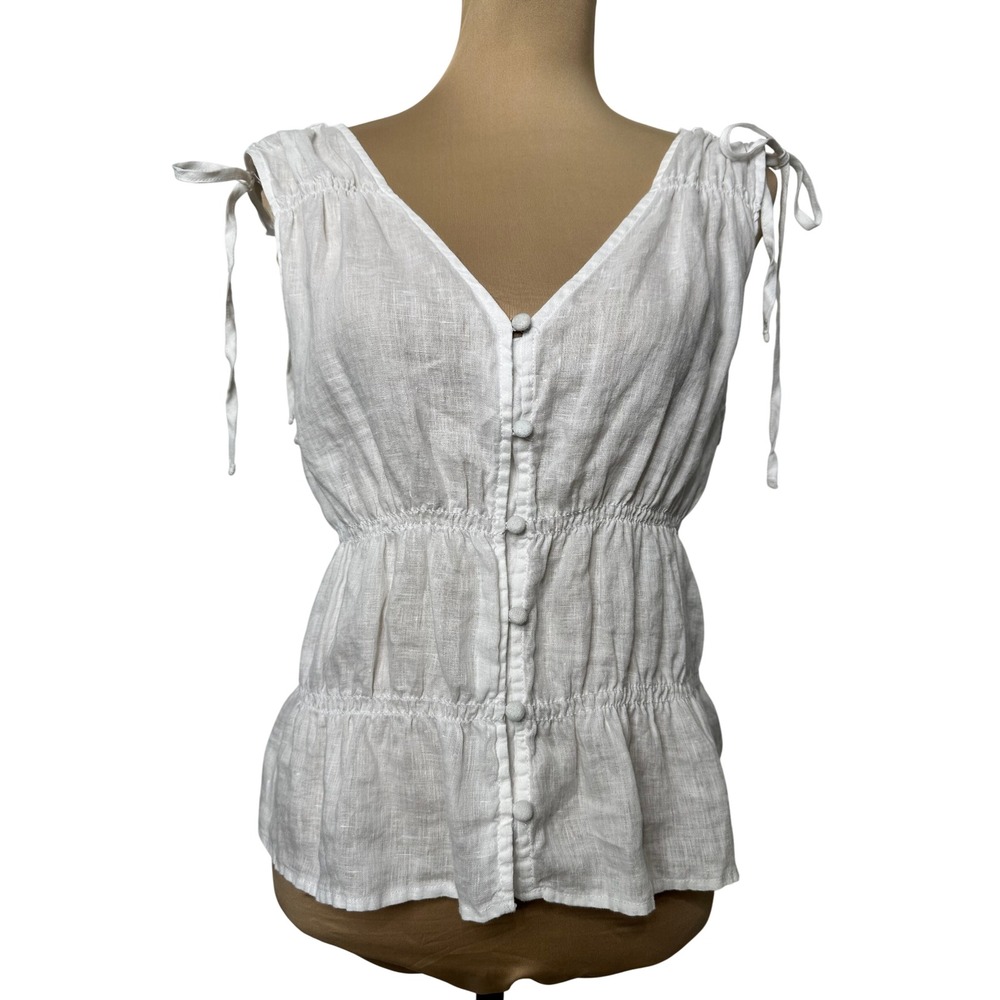 Cynthia Rowley Linen Top Large White Smocked Peplum Tie Shoulder V-Neck